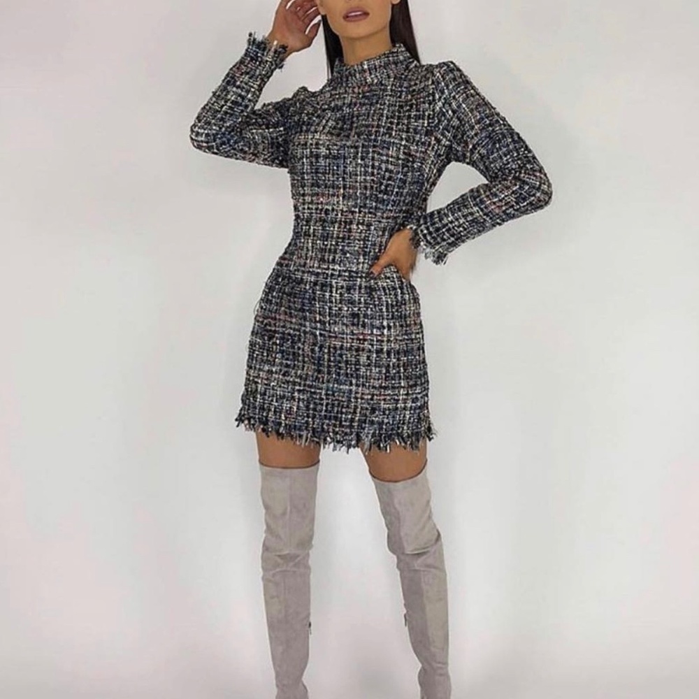 Women’s Tweed Mock Neck Long Sleeve Fringe Hem Dress Size L NWT